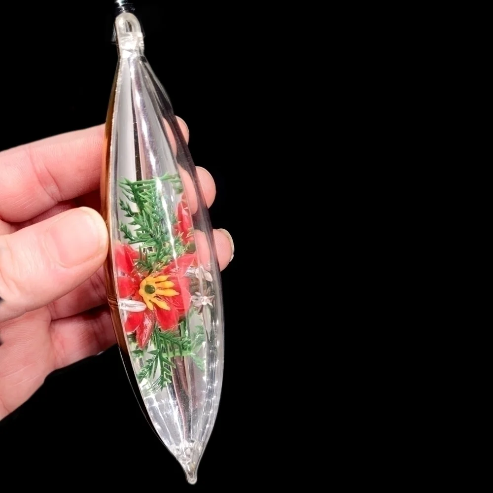 Vintage Jewel Brite Oblong poinsettia plastic diorama ornament